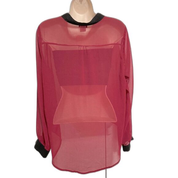 Sheer Button Down High Low Tunic Maroon Black Accent Blouse Womens Large - Picture 6 of 12